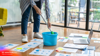 AI-generated photo of a marketer cleaning reports literally with a mop and broom on the floor